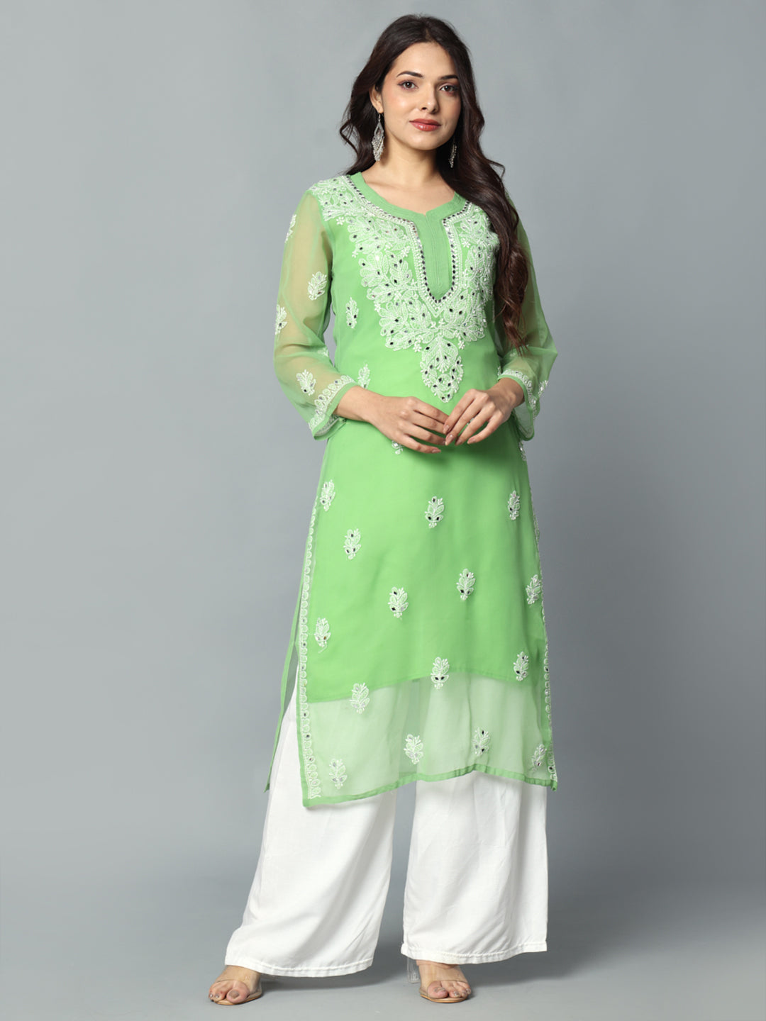 Front design view -Green Mirror Chikankari Hand Embroidered Georgette Kurti