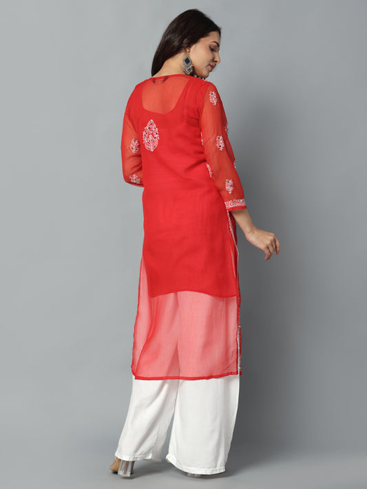 Red mirror handmade Chikankari Embroidered Georgette Kurti