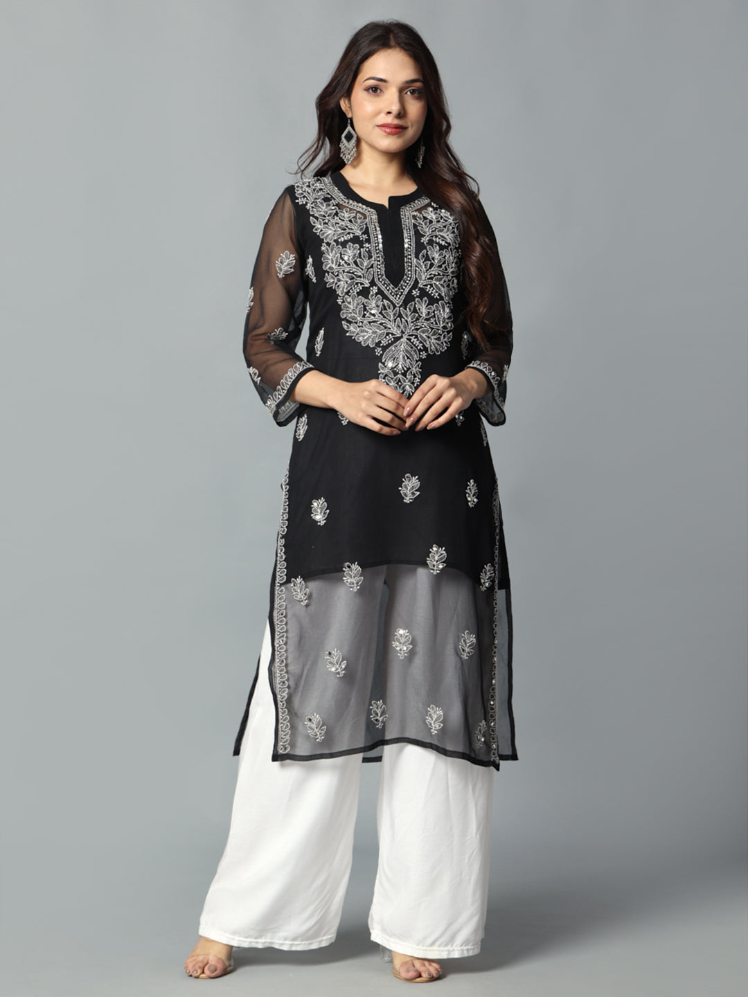 Top tp bottom design view of chikankari black mirror kurti
