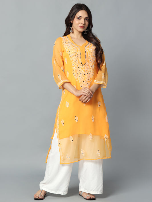 yellow mirror Chikankari Hand Embroidered Georgette Kurti