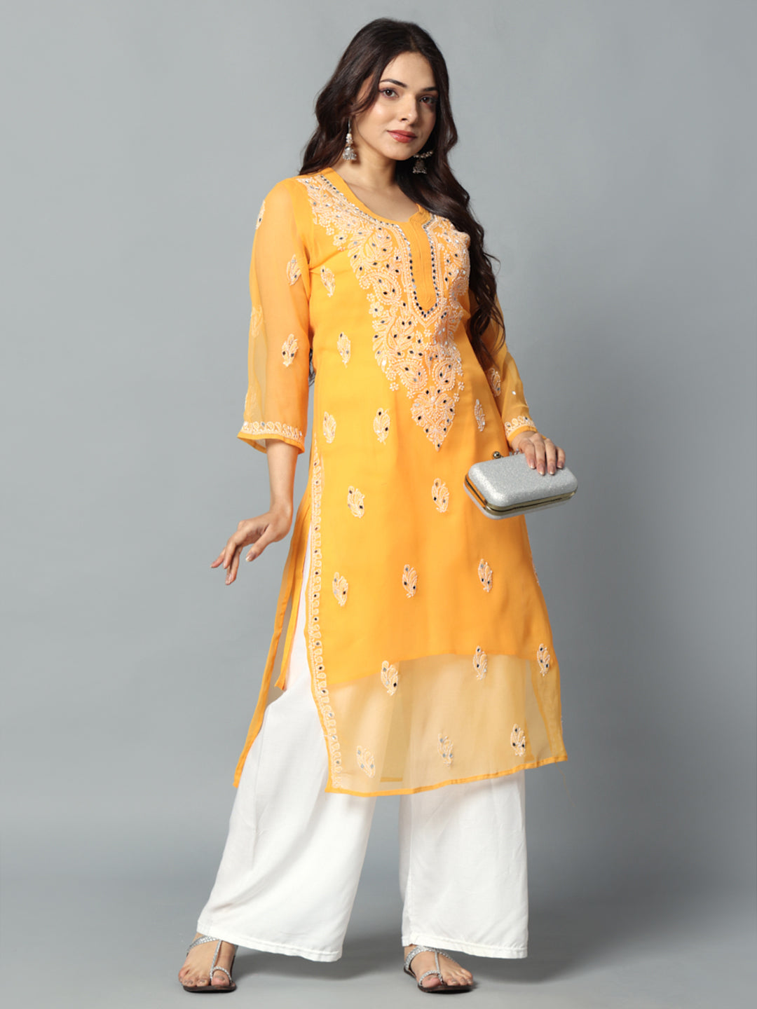 A-side view design Yellow Mirror Chikankari Hand Embroidered Georgette Kurti