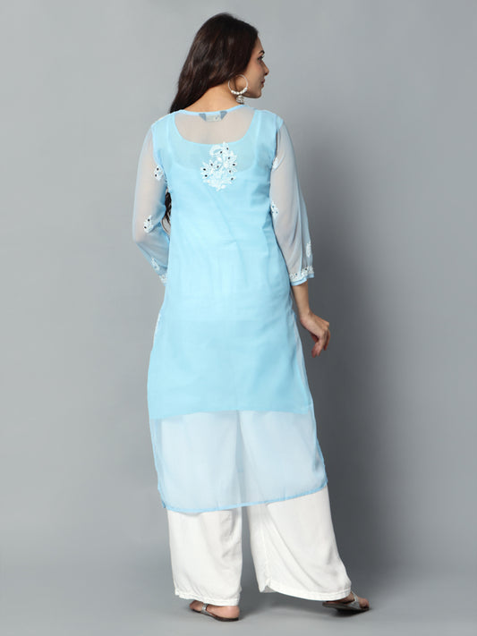 Sky Blue Mirror Handmade Chikankari Kurti