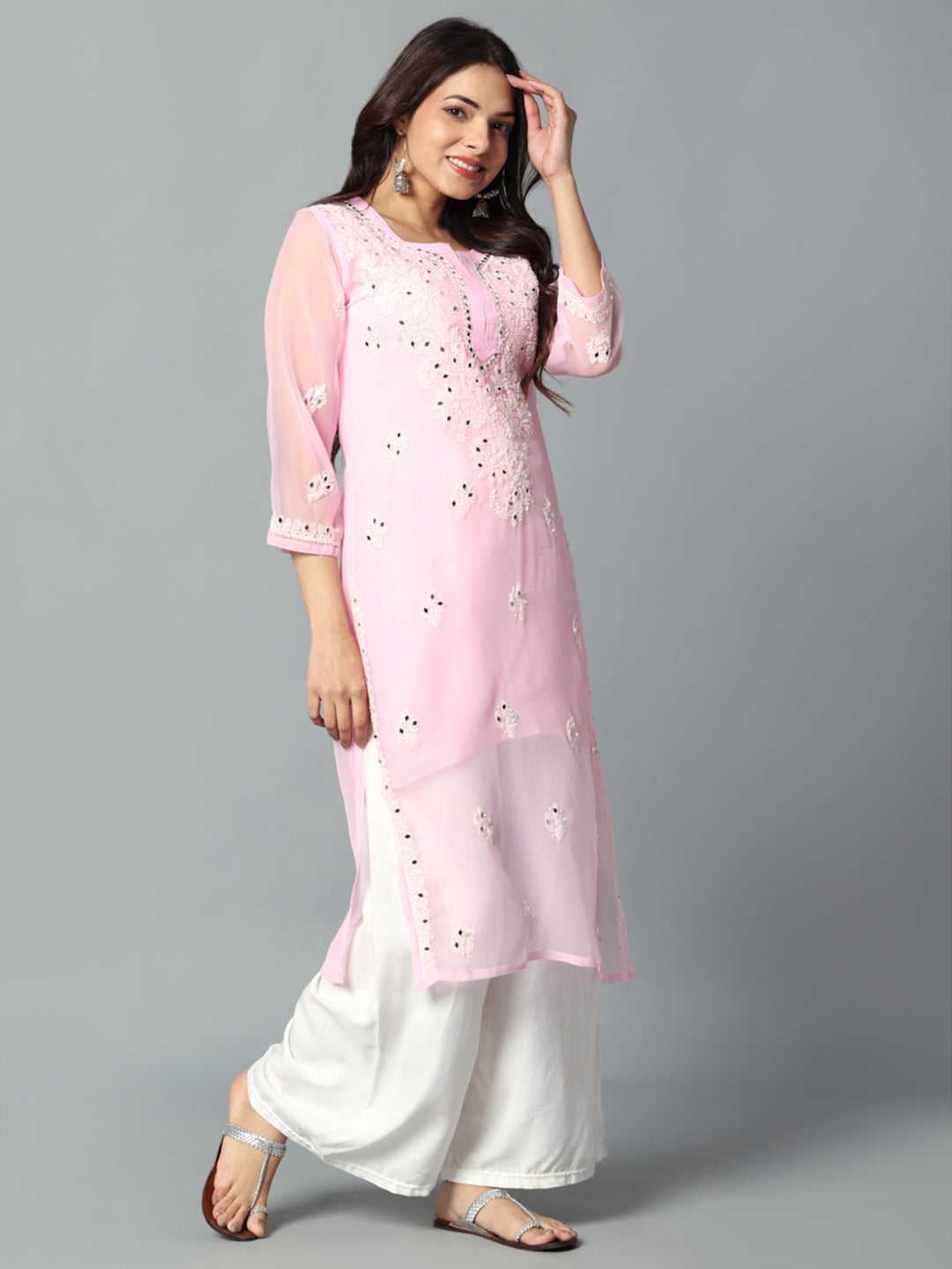 A-side -line kurti design view of Chikankari mirror kurti
