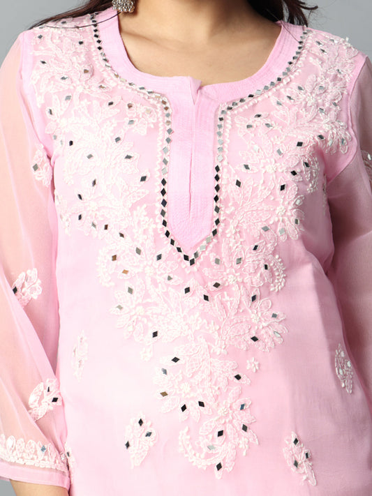 Pink Mirror Chikankari Handmade Kurti-Embroidered Georgette