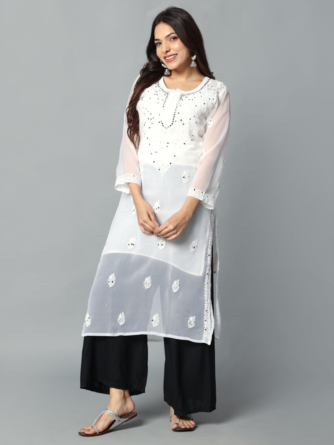 front view White Mirror Handmade Chikankari Kurti with Intricate Embroidery and Sparkling Mirror Work