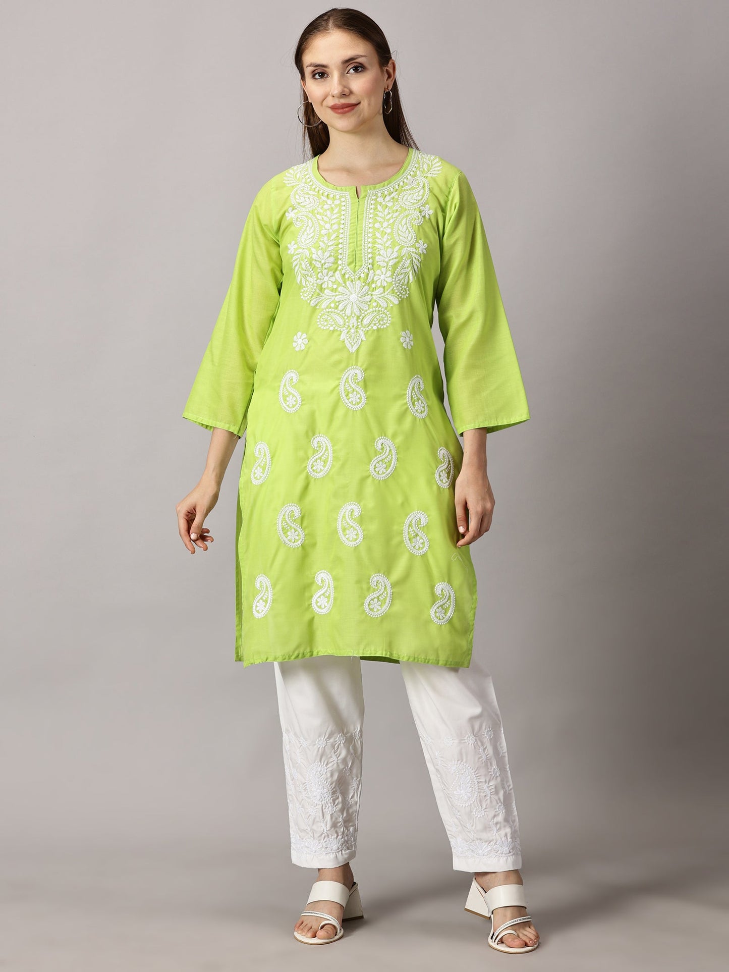 Front view Parrot Green Cotton Kurti - Stylish and Comfortable Women's Wear