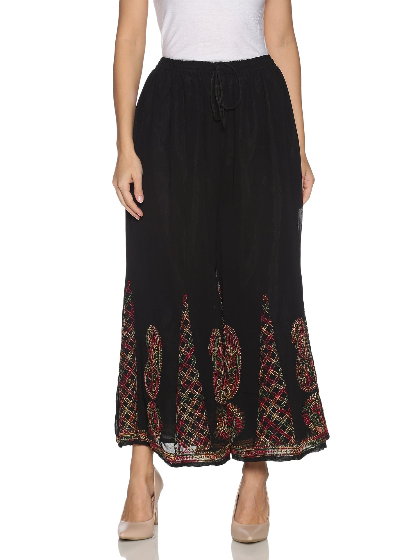 Multi-Color Black Sharara - Front View, Elegant Embroidery with Flared Design