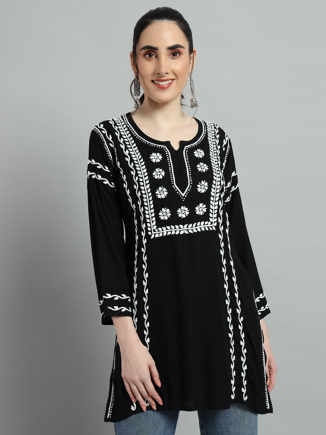 Black Short Kurti - Front View, Cotton Fabric with Embroidered Neckline