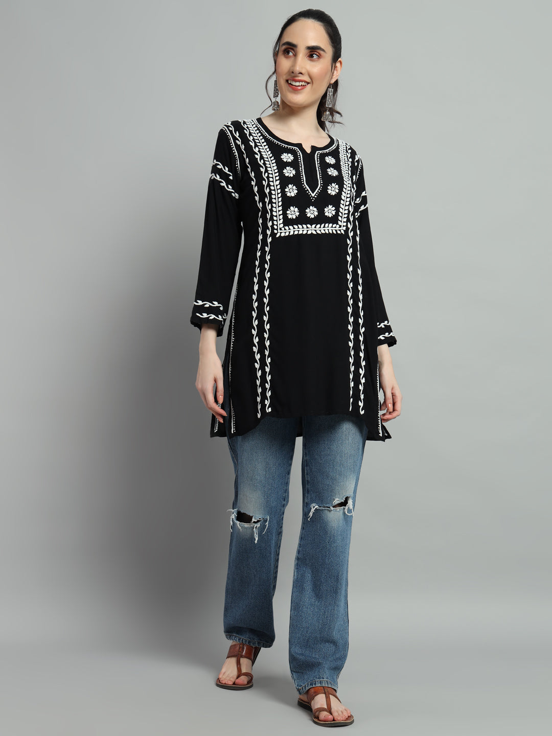 Black Short Kurti - full side Front View, Cotton Fabric with Embroidered Neckline