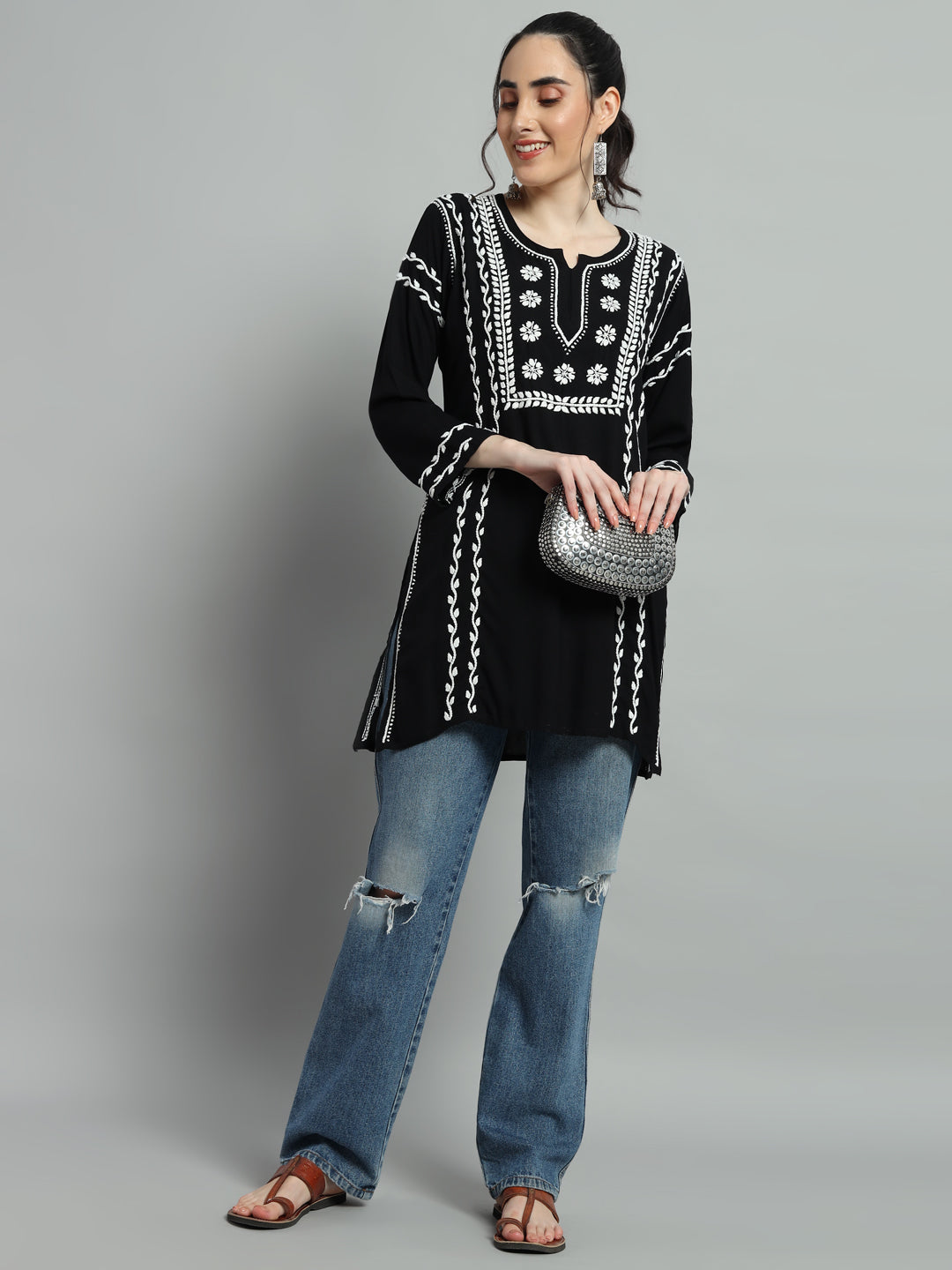 Black Short Kurti - full Front View, Cotton Fabric with Embroidered Neckline