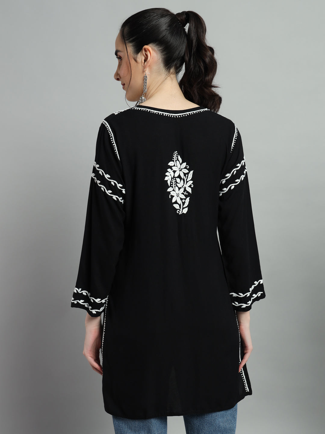 Black Short Kurti - back View, Cotton Fabric with Embroidered Neckline