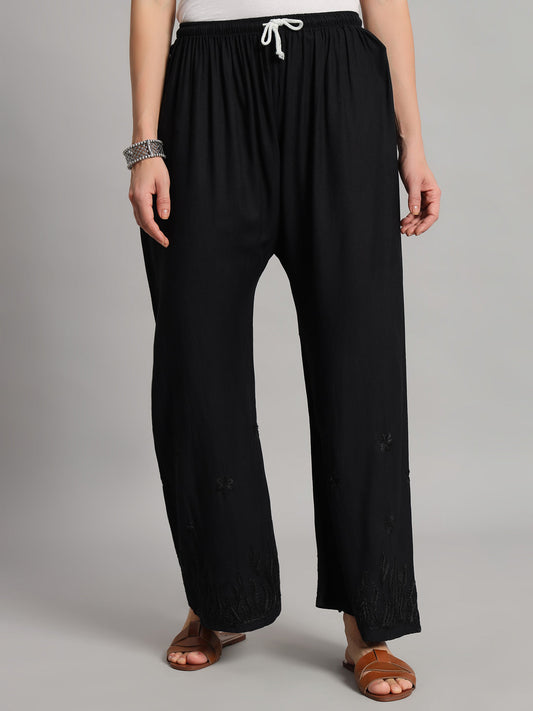 Elegant Black Rayon Chikankari Handmade Palazzo