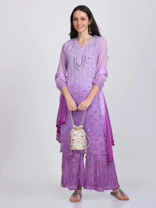 Exquisite Purple Mirror Work Chikankari Handmade Kurti Set