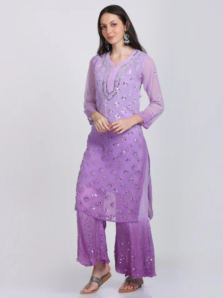 Exquisite Purple Mirror Work Chikankari Handmade Kurti Set