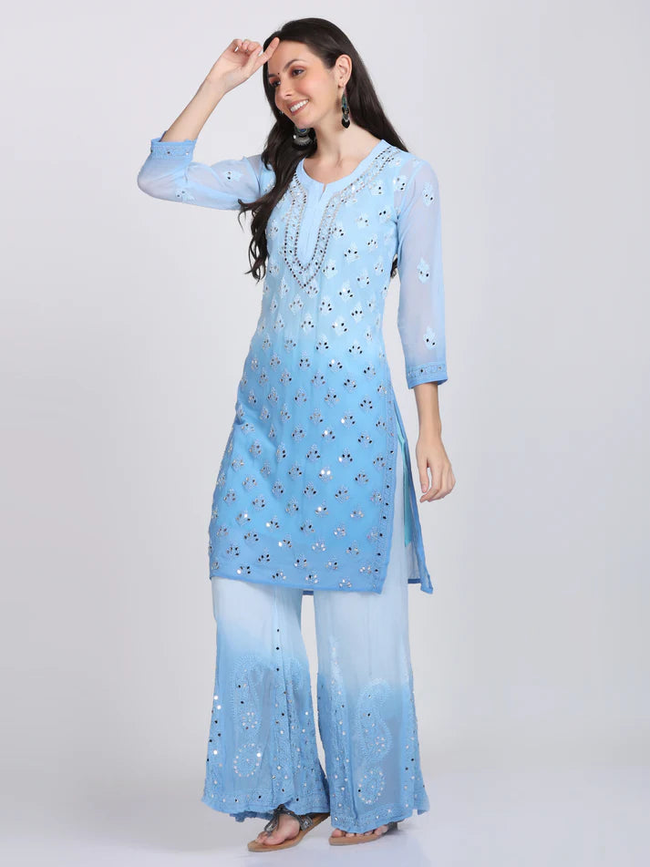 Graceful Blue Mirror Work Chikankari Handmade Kurti Set