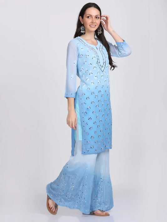 Graceful Blue Mirror Work Chikankari Handmade Kurti Set
