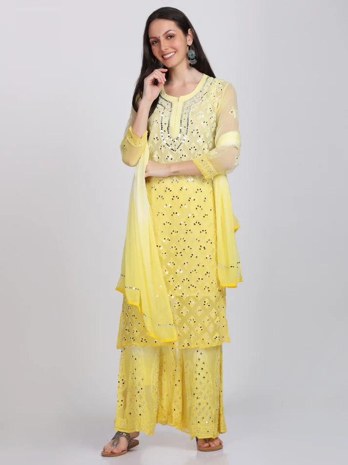 Yellow Booti Jaal Mirror Chikankari Handmade Kurti Set