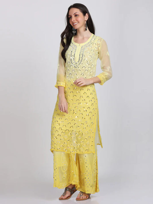 Yellow Booti Jaal Mirror Chikankari Handmade Kurti Set