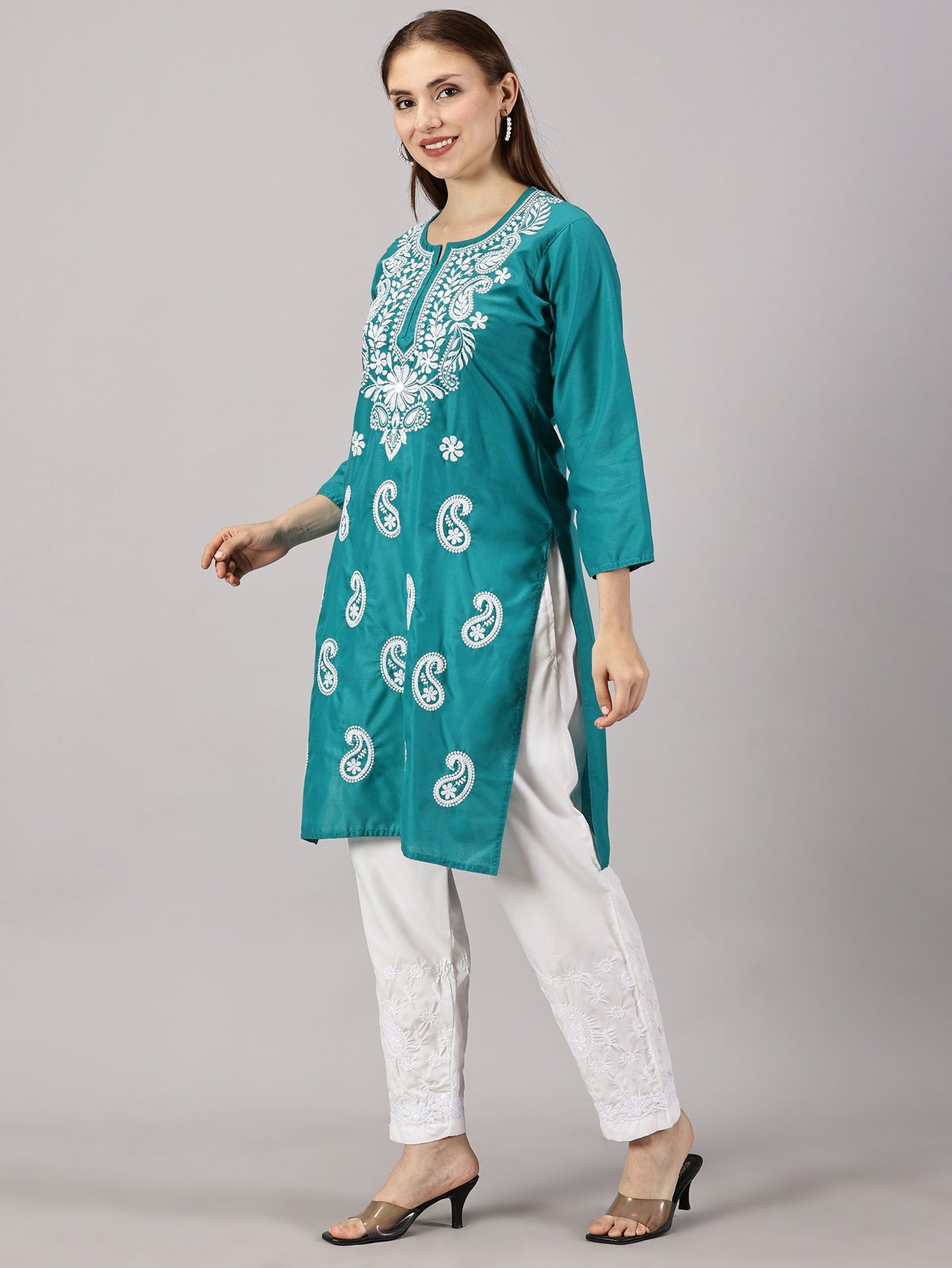 A-side-view-Here is the image of the Rama green cotton kurti. Let me know if there's anything else you'd like to adjust or add!