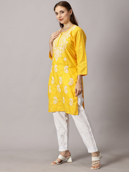 Elegant Cotton Yellow Chikankari Handmade Kurti