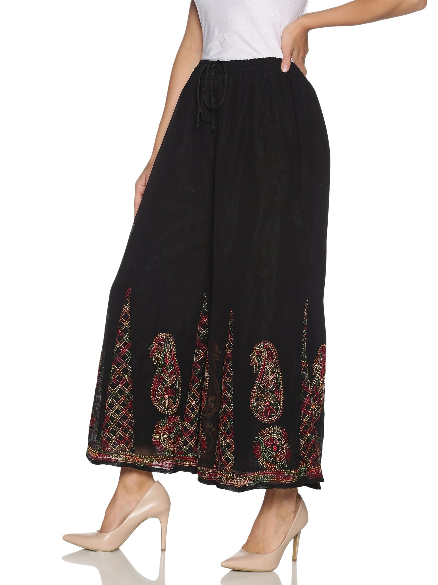 Multi-Color Black Sharara - side Front View, Elegant Embroidery with Flared Design