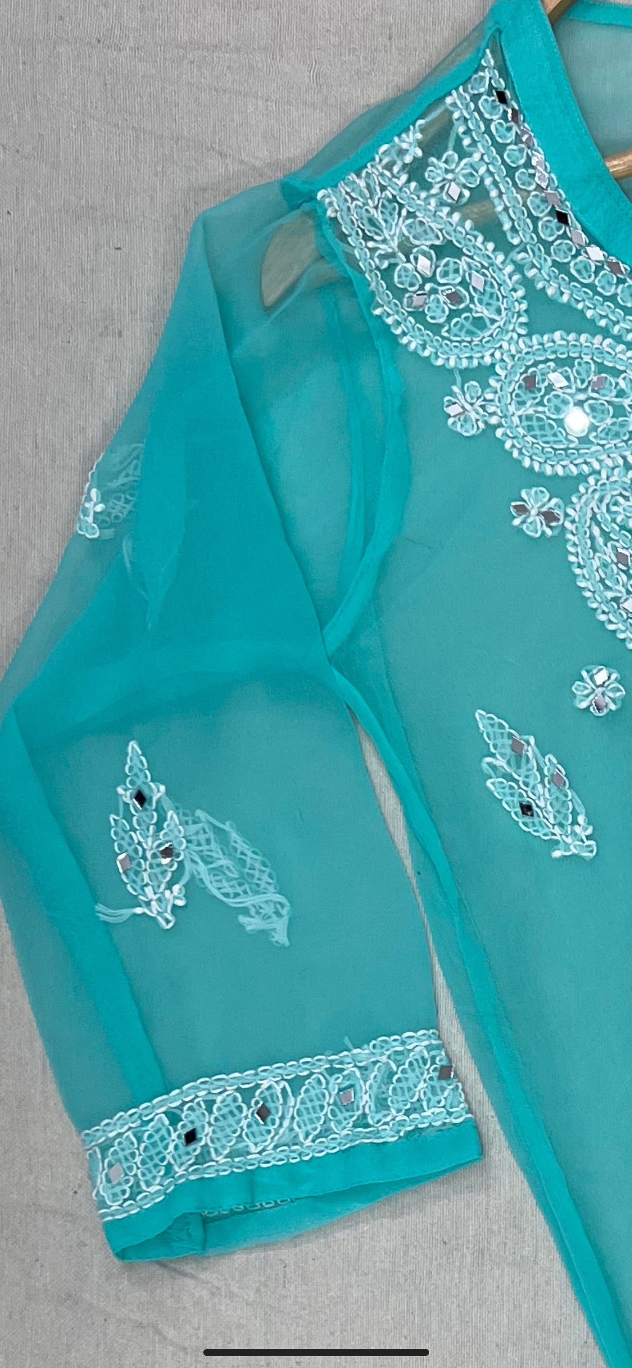Graceful Sky Blue Mirror Work Kurti - Timeless Chicin front view