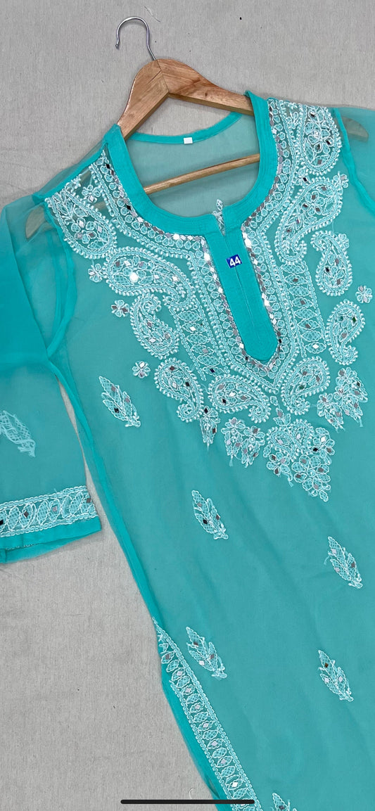 Mint Green Mirror Handmade Chikankari Kurti – Elegant Traditional Craf