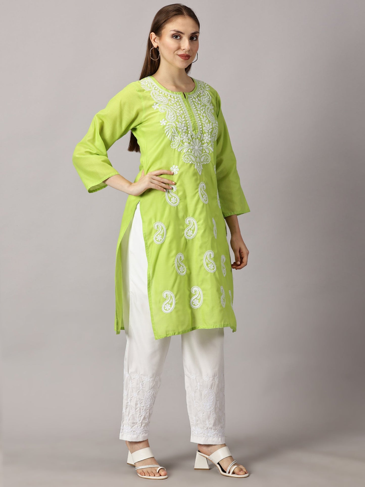 Top to bottom design view- chikankari cotton kurti