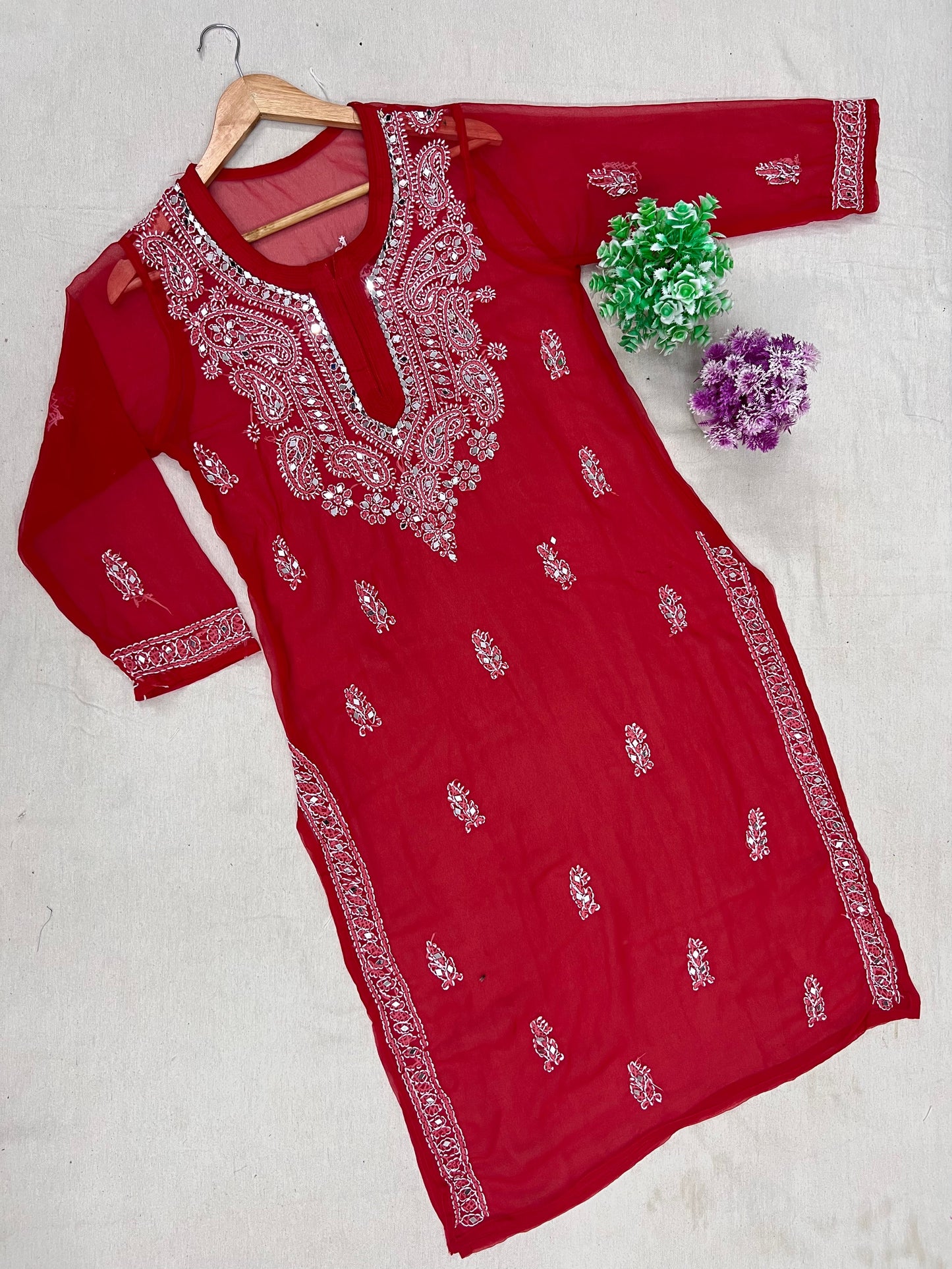 A-front-view-red mirror kurti