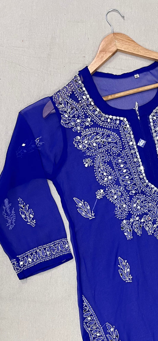 Blue Mirror Work Handmade Chikankari Kurti – Timeless Elegance with Intricate Craft