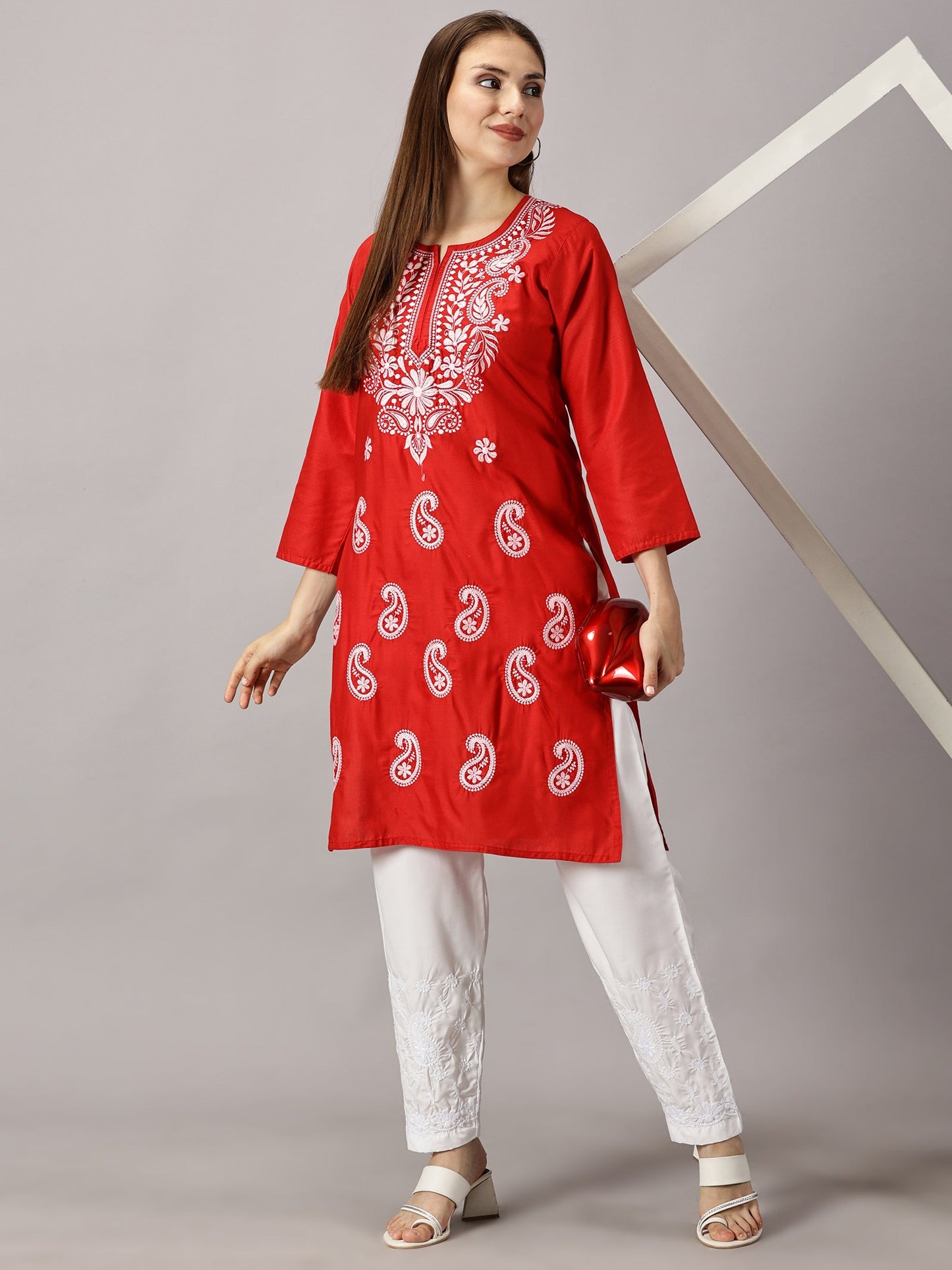 A-front-view-red cotton chikankari kurti
