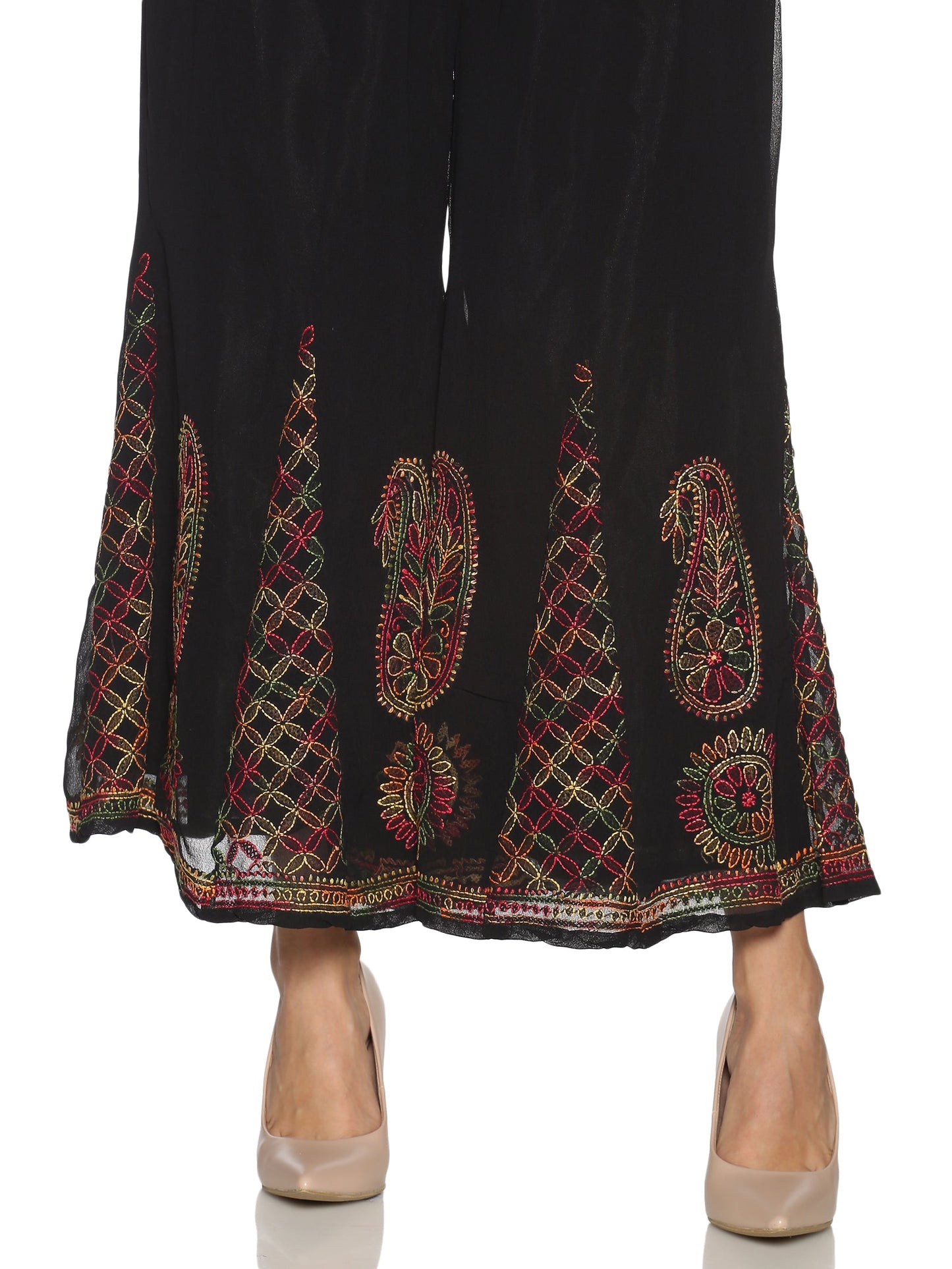 Multi-Black Sharara- below Front View, Elegant Embroidery with Flared Design
