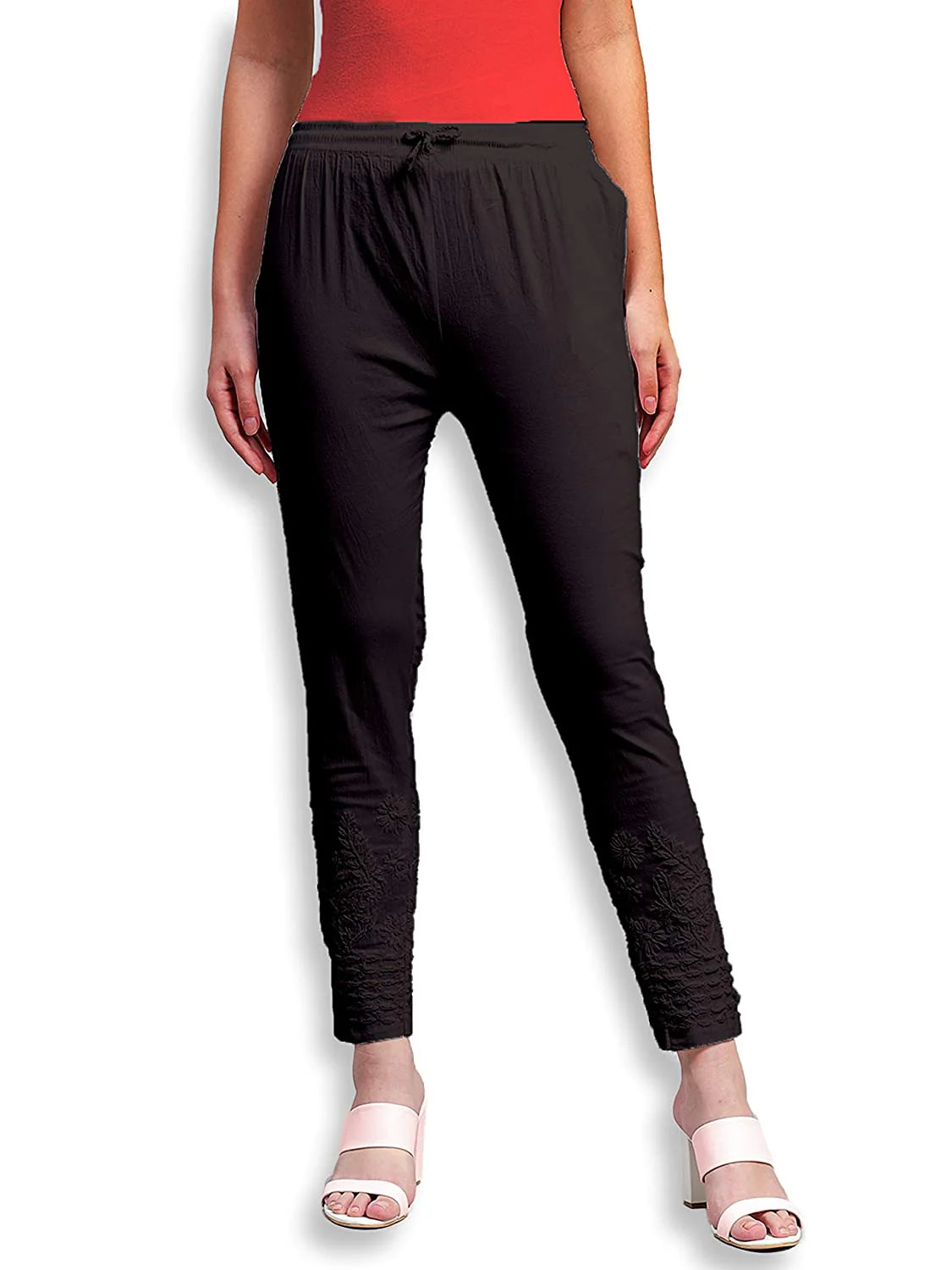 Black Cotton Pants - Front View, Slim Fit with Pockets