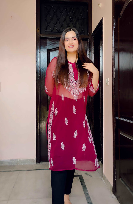 Mroon Mirror Work Handmade Chikankari Kurti