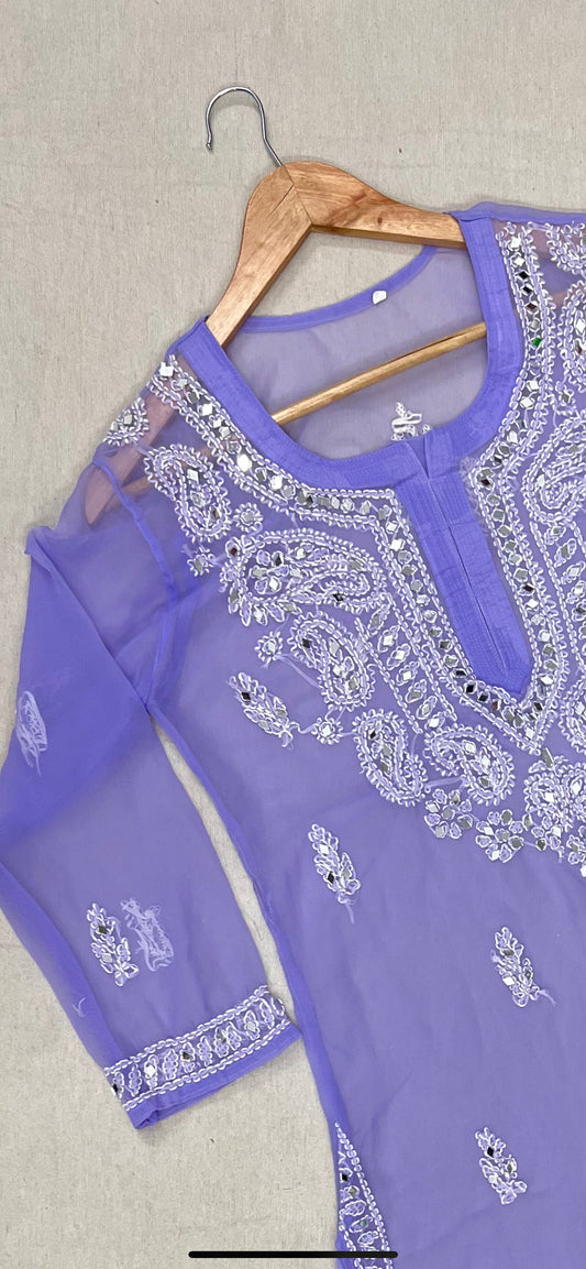 Purple Mirror Work Handmade Chikankari Kurti – Traditional Elegance with Intricate Detailing