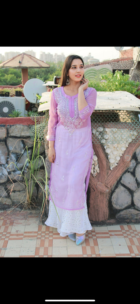 Pink Mirror Work Chikankari Handmade Kurti with Embrace Elegance for Women