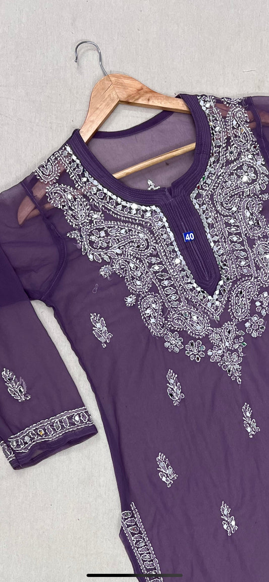 wine- Mirror Work Handmade Chikankari Kurti – Traditional Elegance with a Modern Twis