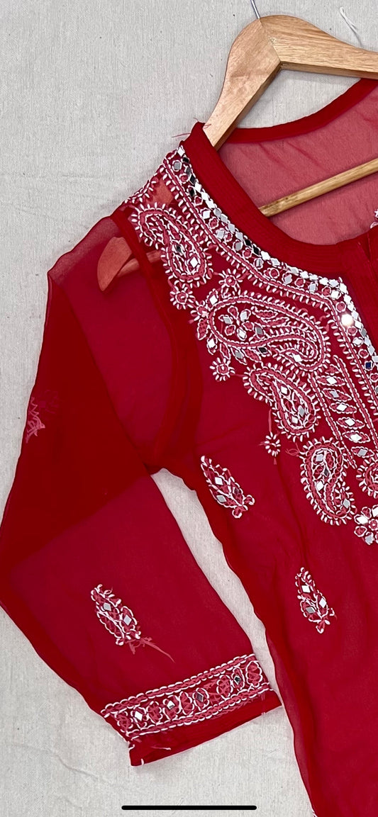 Red Mirror Work Handmade Chikankari Kurti