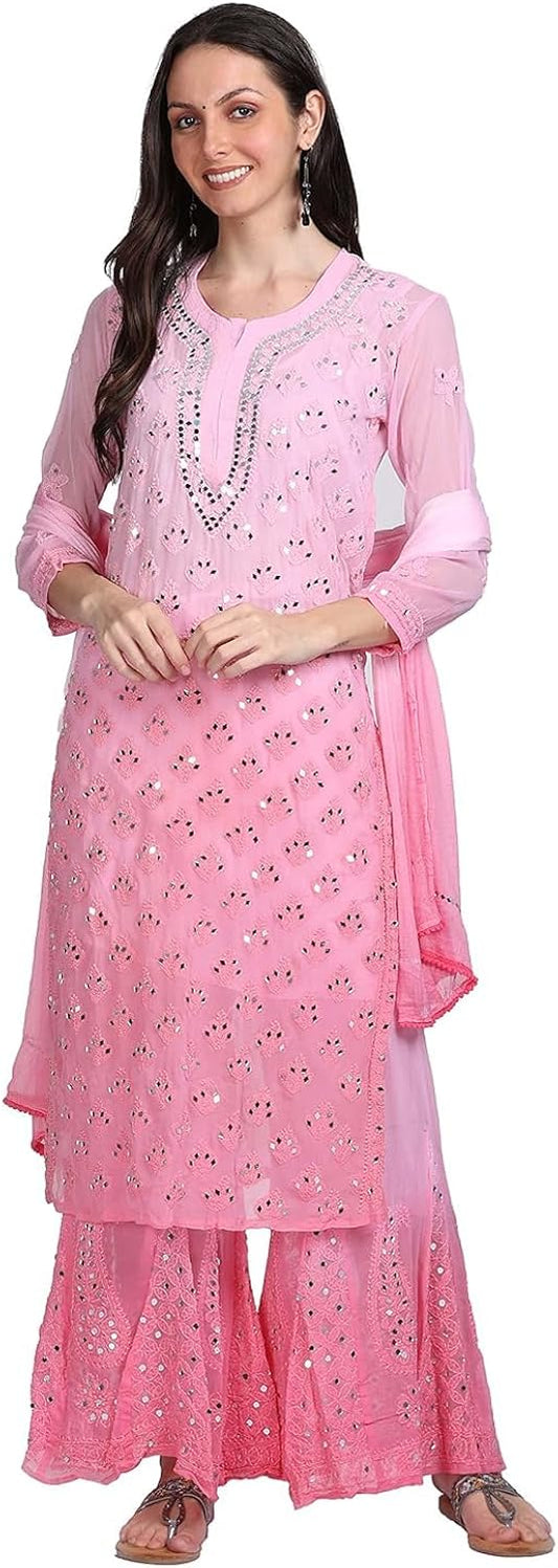 Booti Jaal Pink Mirror Chikankari Handmade Kurti Set