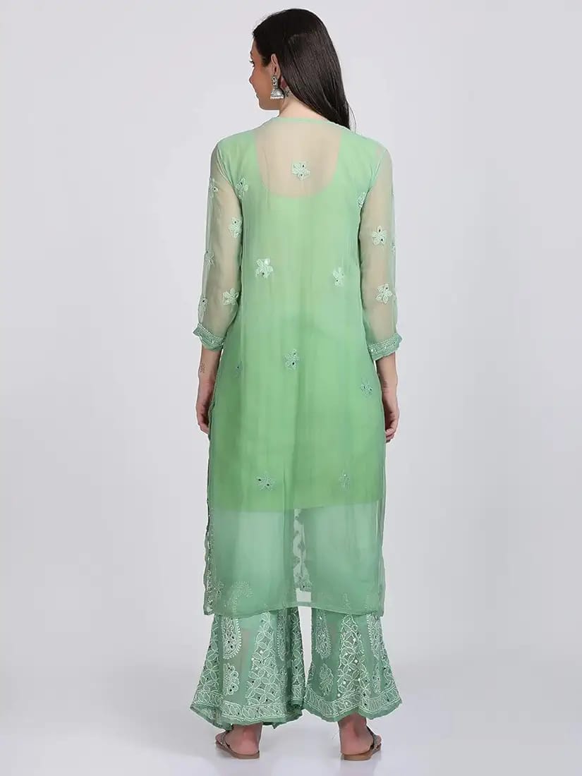A-back design view Booti Jaal Green Mirror Chikankari Handmade Kurti Set