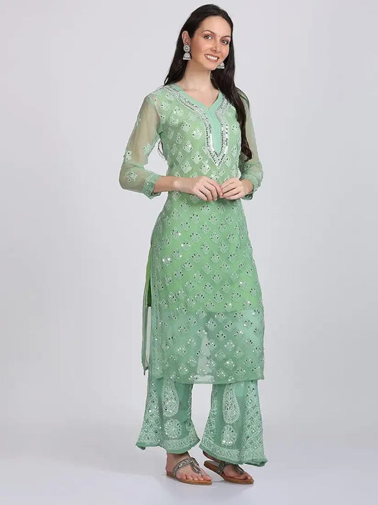 Booti Jaal Green Mirror Chikankari Handmade Kurti Set
