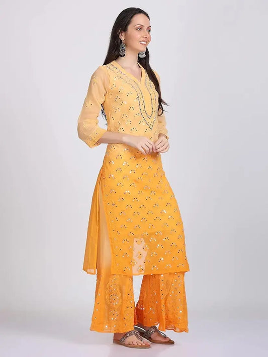 Orange Mirror booti Jaal Chikankari Handmade Kurti Set