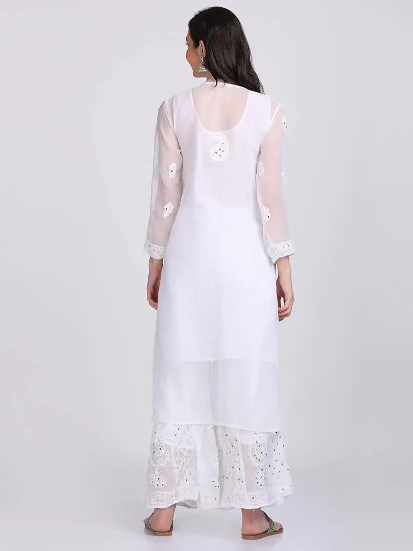 A-back- design White mirror booti Jamal chikankari handmade kurti set with intricate embroidery and mirror detailing.