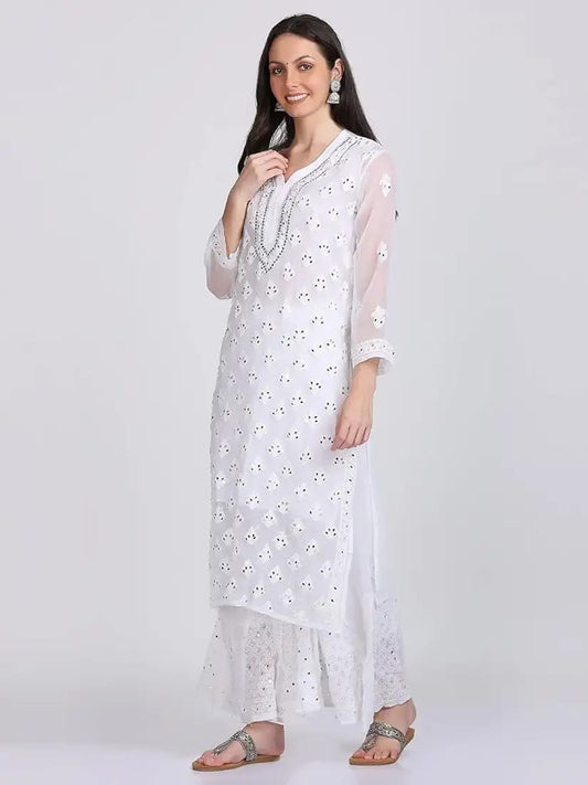 White Mirror Booti Jaal Chikankari Handmade Kurti Set