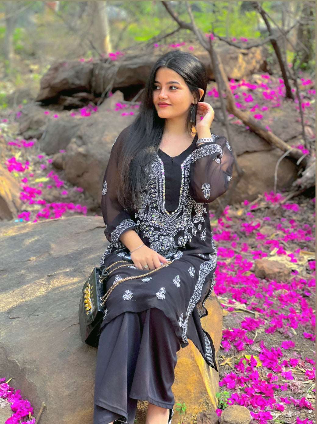 A-line -Side-Front View, Handcrafted with Intricate Mirror Work and Traditional Embroidery