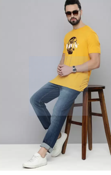 Printed Round Neck Yellow T-Shirt for Men - Soft Cotton