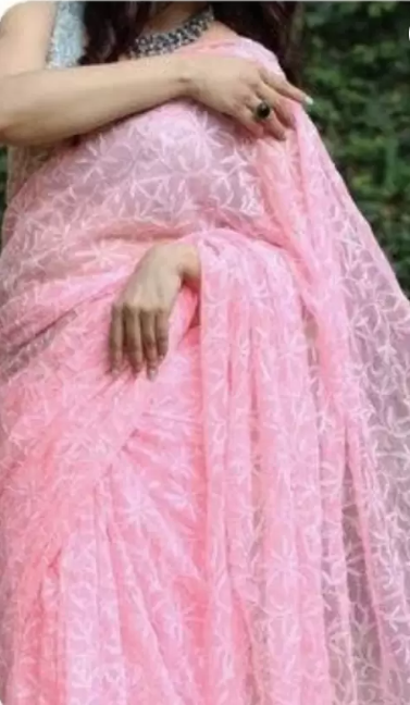 Embroidered Lucknow Chikankari Georgette Saree (Pink)