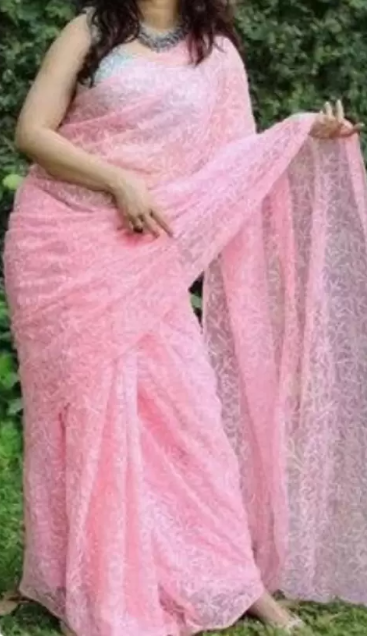 Embroidered Lucknow Chikankari Georgette Saree (Pink)