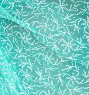 Embroidered Lucknow Chikankari Georgette Saree (Light Blue)