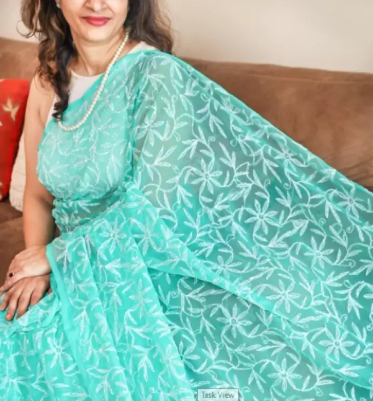 Embroidered Lucknow Chikankari Georgette Saree (Light Blue)